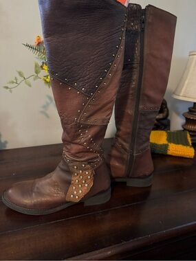 Brown Studded Knee-High Leather patchwork Riding Boots
